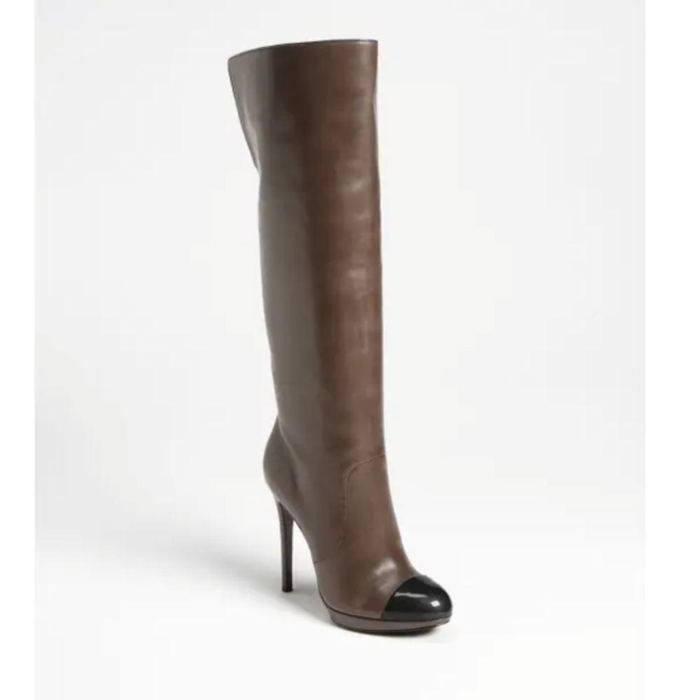 Brian Atwood brown boots with black patent toe.